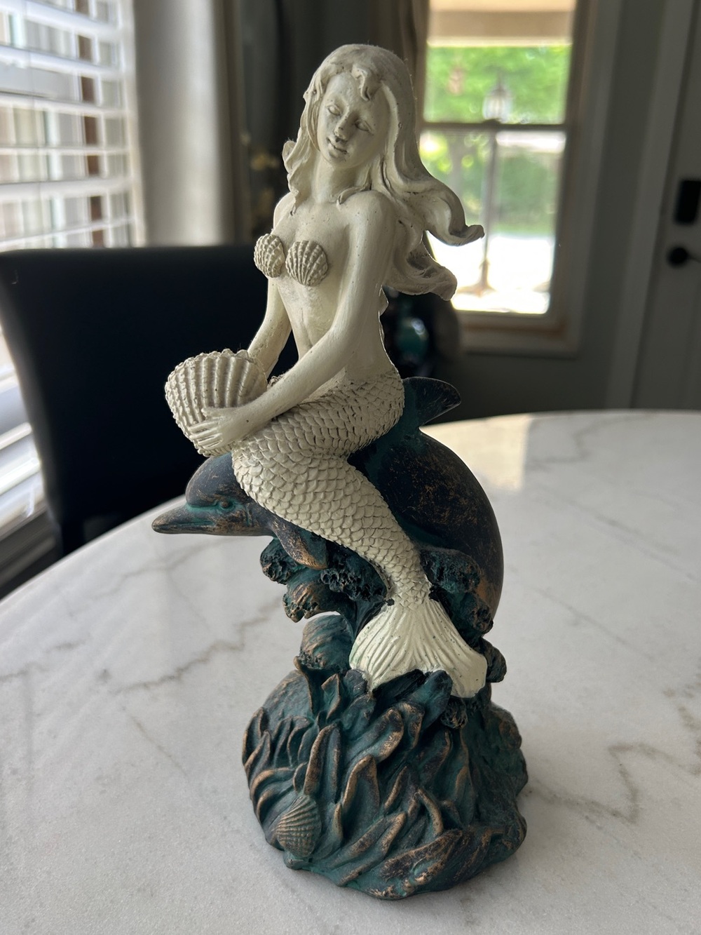 Decorative Mermaid on Dolphin Statue - Cream and Teal